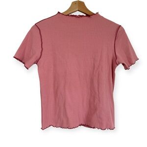 GU Y2K Mockneck Lettuce Hem Pink Ribbed Stretchy Baby Tee Size M Women’s 90s